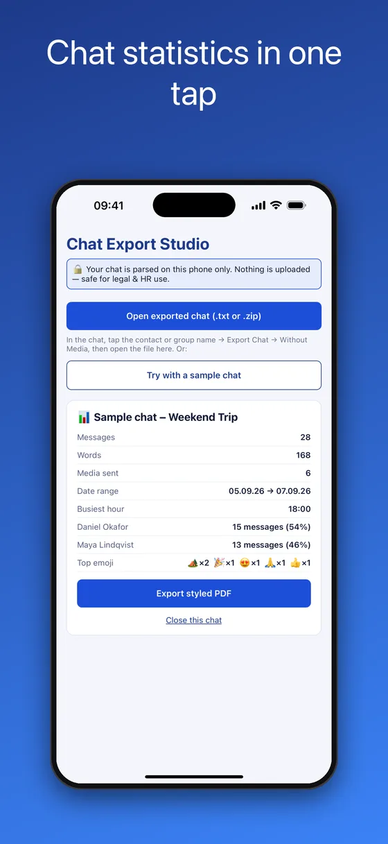 WhatsApp chat statistics on iPhone: messages, words, busiest hour, messages per participant and top emoji