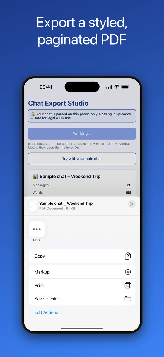 Exporting a WhatsApp chat as a styled, paginated PDF from the iOS share sheet