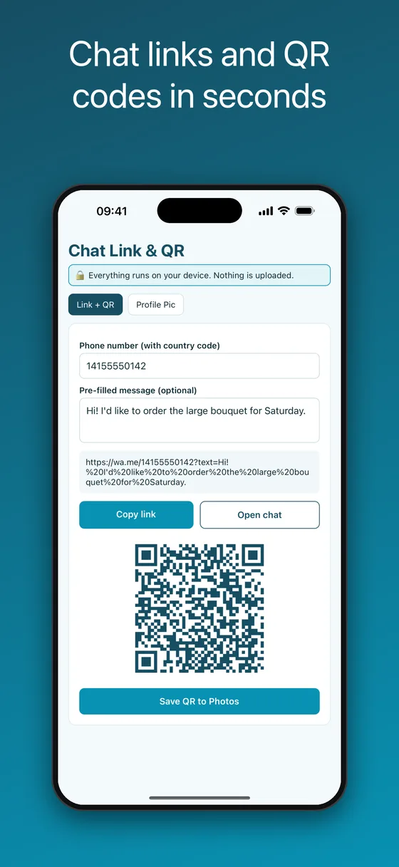 WhatsApp link generator on iPhone showing a wa.me link with a pre-filled message and its QR code