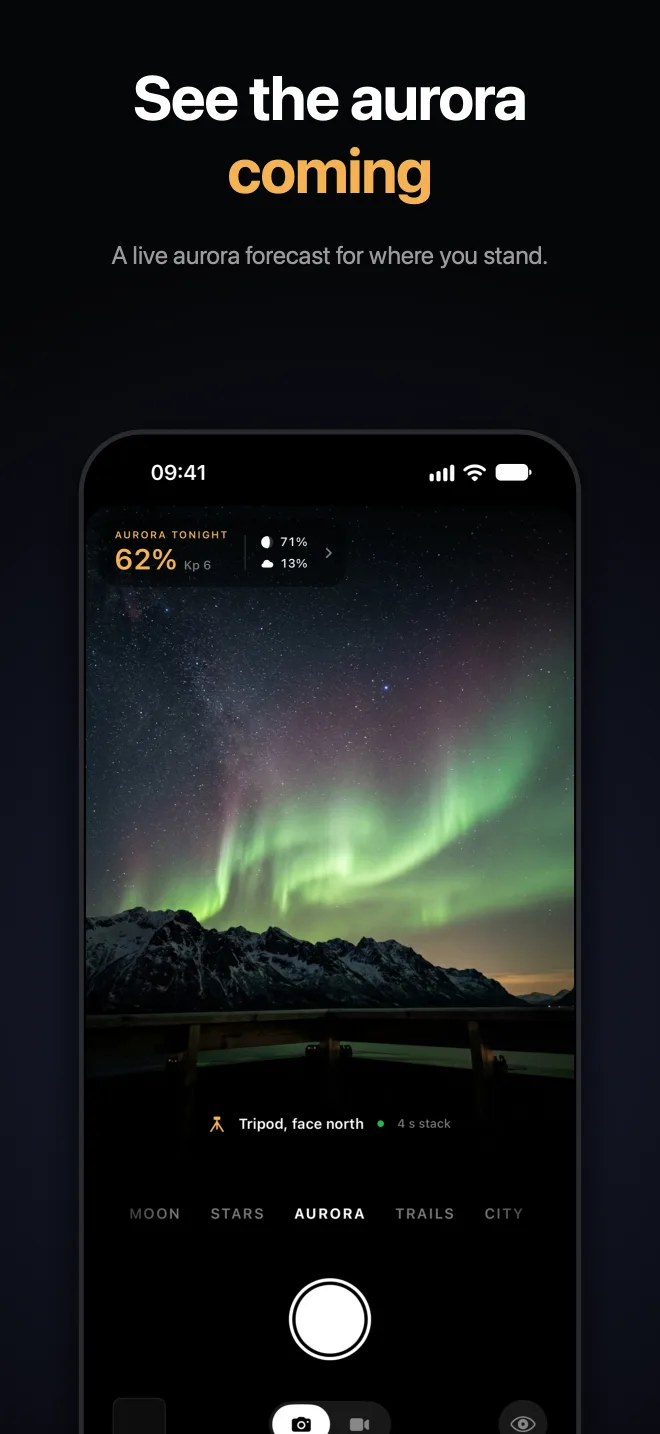 Night Cam camera on iPhone pointed at green northern lights, with the aurora forecast card showing a 62% chance and Kp 6