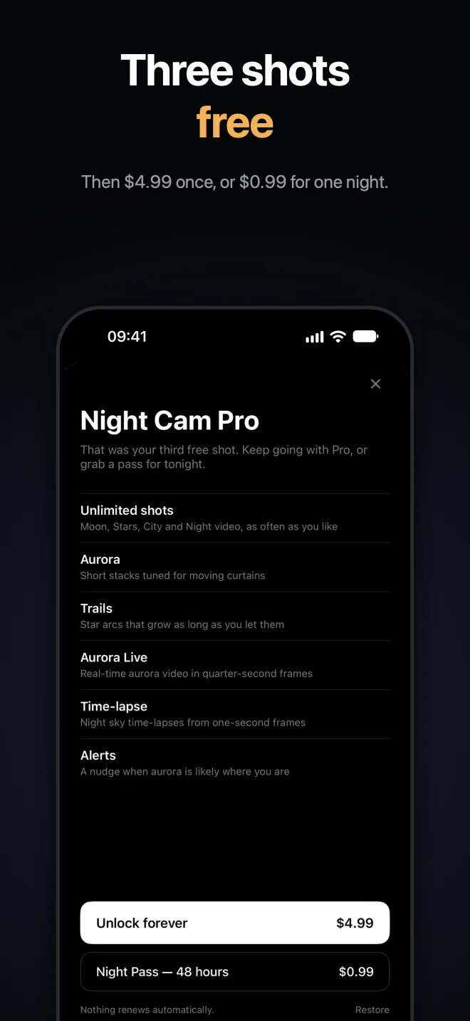 Night Cam Pro paywall: one-time $4.99 or a $0.99 Night Pass for 48 hours