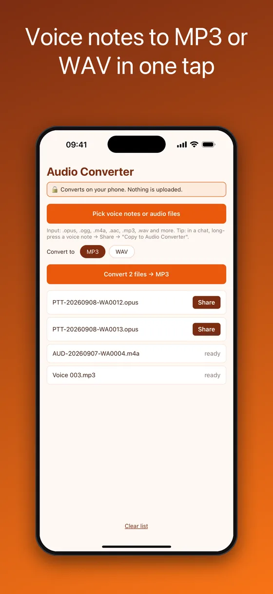 Opus to MP3 converter on iPhone with a list of WhatsApp voice notes and a Convert to MP3 button