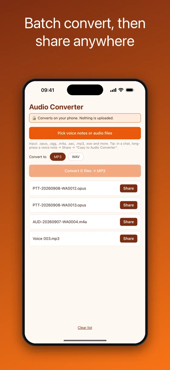 Batch of converted .opus voice notes with Share buttons next to each MP3 file