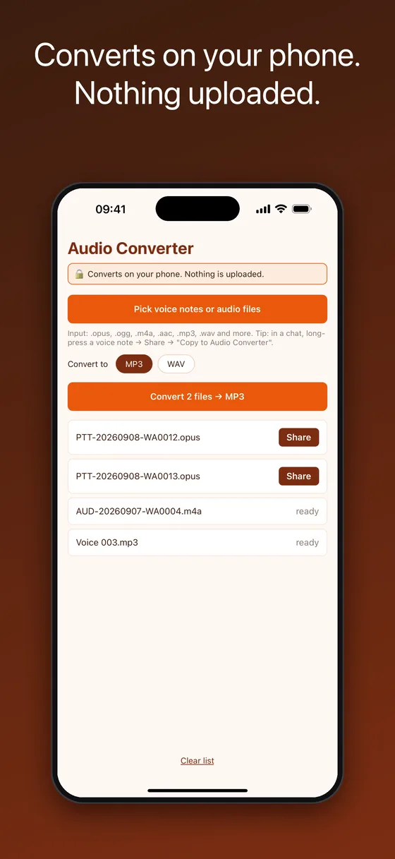 Audio converter that converts on the phone with nothing uploaded