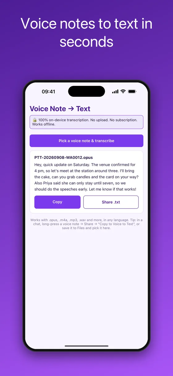 WhatsApp voice note transcribed to text on iPhone with Copy and Share .txt buttons