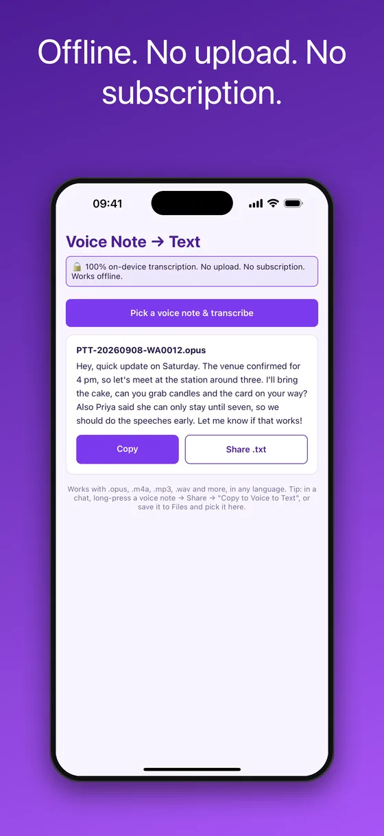Voice Note to Text transcribes offline with no upload and no subscription
