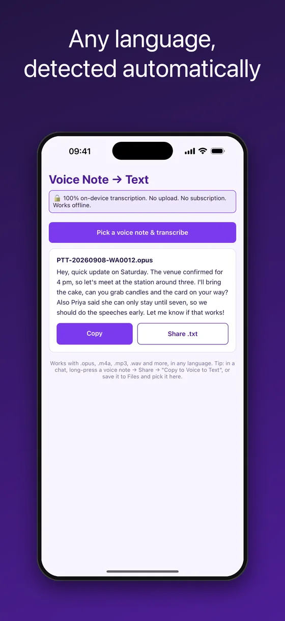 Automatic language detection for voice message transcription in about 100 languages